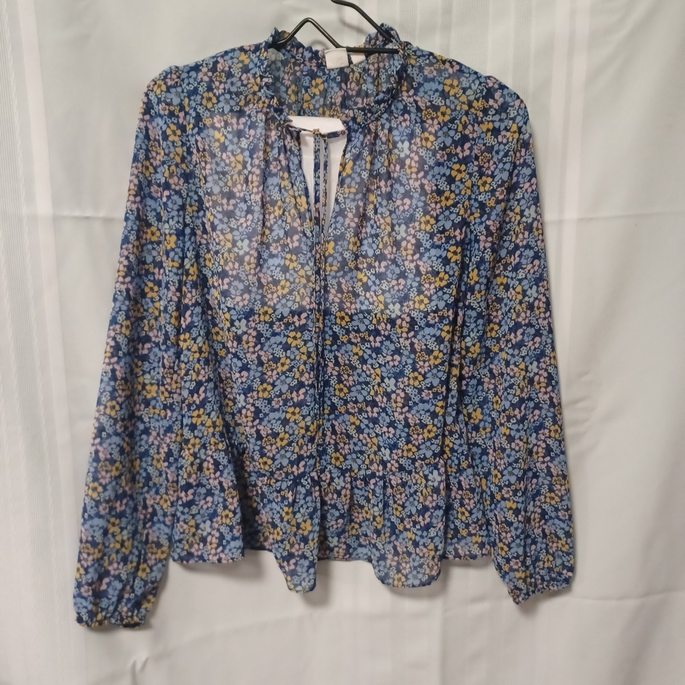 Gap Blue Floral‎ Peplum Blouse XS Sheer Long Sleeve Ruffle Neck Tie Front 282260